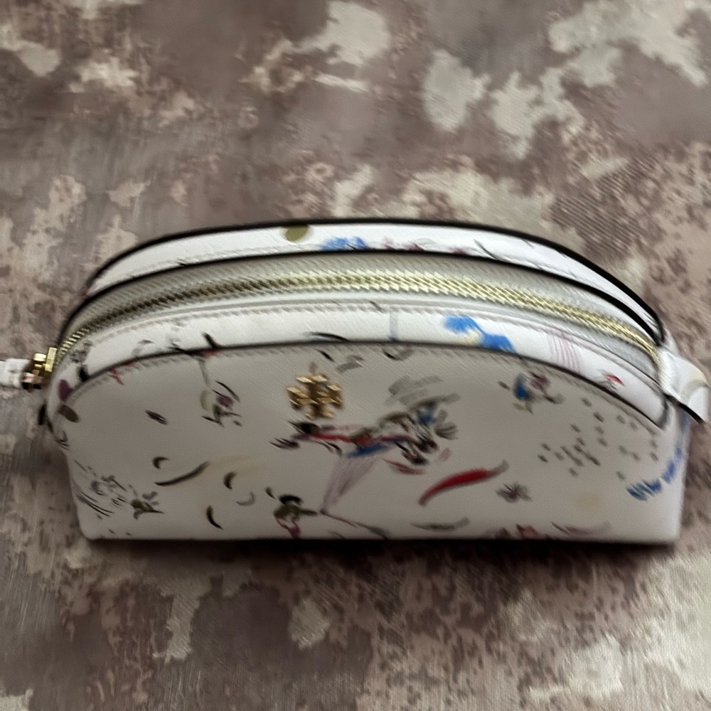 Tory Burch White Cosmetic Bag with Floral Design